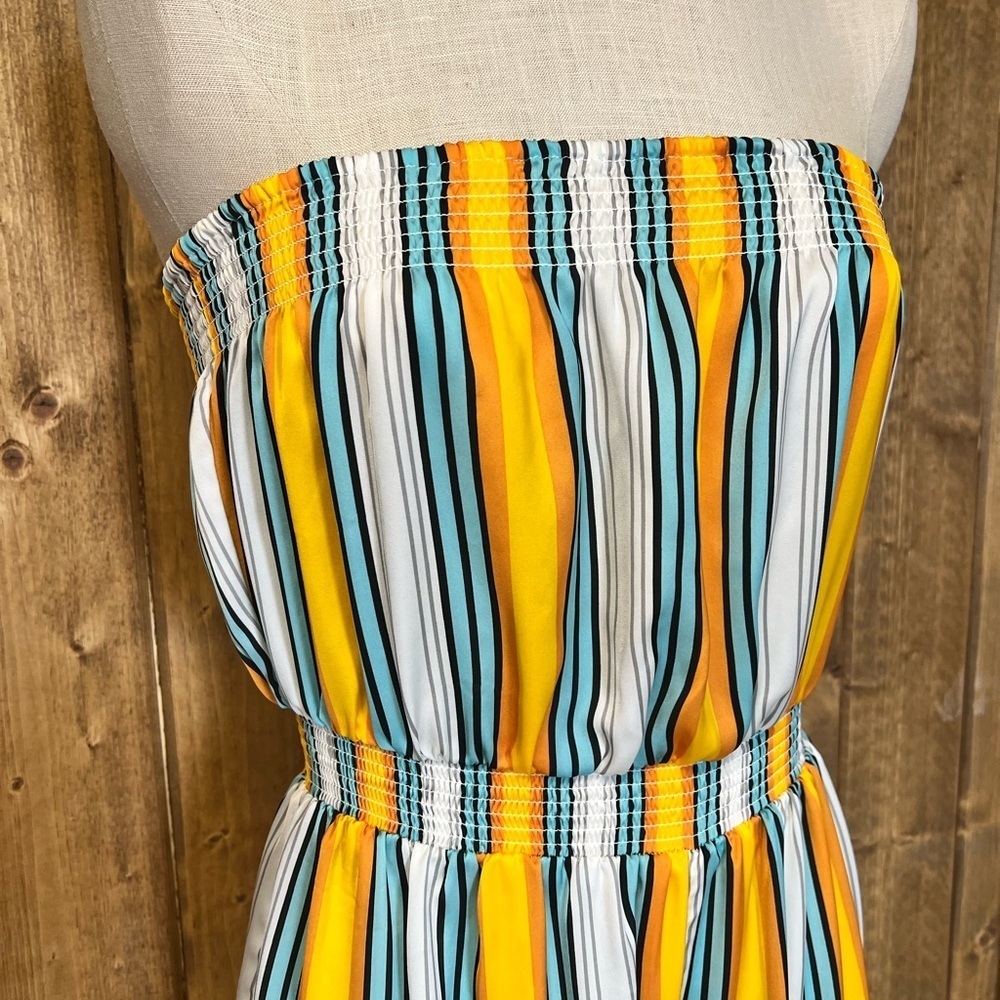 Forever 21 Medium Strapless Yellow Blue White Stripe Jumpsuit Casual - Picture 5 of 9